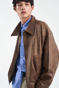 Blouson aviateur en cuir PU marron pour homme, col rabattu, fermeture éclair, coupe ample, idéal pour l'automne - Product Image 4