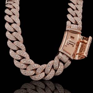 สร้อยคอเงินแท้ 925 ชุบทองคำสีกุหลาบ ประดับเพชรโมอิสซาไนต์ แบบ Cuban Link  สำหรับทั้งชายและหญิง สไตล์ฮิปฮอป - Product Image 4
