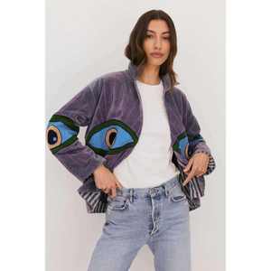 Giacca Artigianale in Cotone Suzani per Donne, Viola e Grigio, Stile Bohémien con Motivo Ricamato a Occhio, Cappotto Autunno-Inverno - Product Image 2