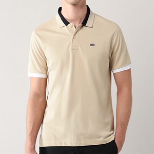 Camisa Elegante y Sofisticada para Hombre, Color Caqui Blanco Sólido, Manga Corta, Cuello de Punto Acanalado, Solapa Bordada, 100% Algodón - Product Image 4