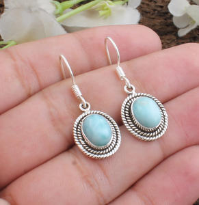 Pendientes de Piedra Preciosa Larimar Natural, Plata de Ley 925 Sólida, Hechos a Mano, Estilo Vintage, para Bodas, Aniversarios y Fiestas - Product Image 1