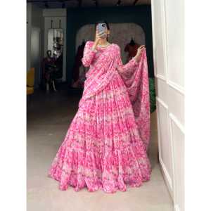 Atractivo conjunto Rosa Georgette Lehenga Choli con estampado tradicional de mujer Dupatta - Product Image 4