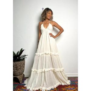 Wholesale Women's Ethereal White Maxi Dress Tiered Ruffle Organic Cotton Eco-Friendly Vintage Bohemian V-Neck Raw Dress Dress - Product Image 1