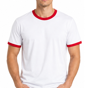 T-shirt homme personnalisé avec logo, col côtelé contrastant, manches blanches et rouges, coupe ajustée en coton, vente en gros - Product Image 2