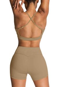 Conjunto de Yoga sin Costuras de 2 Piezas, Top Corto de Cintura Alta y Pantalones Cortos, Color Sólido, Espalda Cruzada, Ropa Deportiva para Mujer - Product Image 2