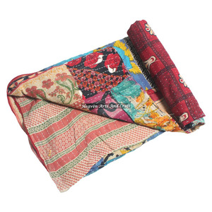 Kantha Work Quilt Reversible <b>Throw</b> Cotton Print Blanket Handmade Bedspread Bedding India Quilts Indian Reversible Hand <b>Stitched</b> - Product Image 6