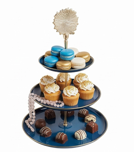 Elegant <b>3</b>-<b>Tier</b> Metal <b>Cake</b> <b>Stand</b> With Gold Flower Top Blue Round Trays Handmade Multi-Layer Display For Wedding Events Restaurant - Product Image 3