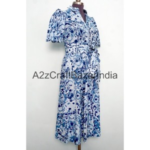 Robe midi trapèze en coton 100 % bio imprimée à la main pour femme, col en V, manches courtes, respirante et confortable pour le bureau - Product Image 4