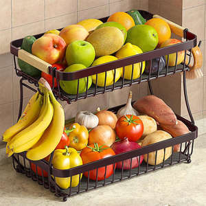 Étagère de rangement pour fruits de cuisine, panier à fruits et légumes double couche amovible en acier au carbone, portable et simple pour salon - Product Image 1
