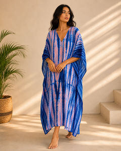 Pure Cotton Blue Pink Tie Dye Handmade Eco-Friendly Boho <b>Kaftan</b> Maxi Dress Women V Neck <b>Beach</b> Cover Modern Fit All Seasons - Product Image 4