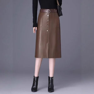 Jupe en cuir PU tendance pour femme, taille haute, amincissante, style coréen, jupe moulante mi-longue, nouvelle collection automne - Product Image 5