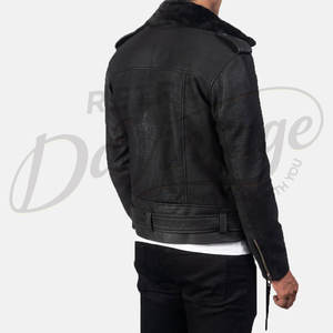 Chaqueta de Motociclista de Cuero de Gamuza Negra para Hombre, Chaqueta de Invierno con Cuello de Piel, Corte Ajustado, Estilo Casual - Product Image 1
