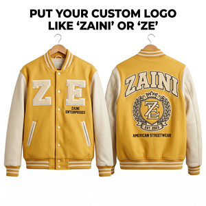 <b>Mens</b> Varsity <b>Jacket</b> 450 GSM Wool Blend Body 320 GSM Faux <b>Leather</b> Sleeves Mustard Cream Chenille Custom Embroidery Logo - Product Image 1