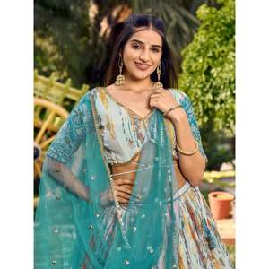 Joli blanc et bleu imprimé numérique Chinon Sangeet Wear Lehenga Choli - Product Image 4