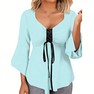 Offre Spéciale SWEET BABE – Débardeur Formel Imprimé à Col en V et Manches Courtes en Dentelle pour Femme, Ourlet Asymétrique, Écologique, Idéal Automne/Printemps, Usage Quotidien - Product Image 1