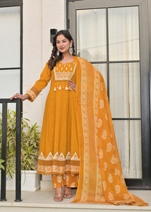 Women's Mustard Cotton <b>Kurta</b> With Pant And Dupatta Set Loose Fit Floor Length Traditional <b>Indian</b> Pakistani Style Casual Wear - Product Image 4