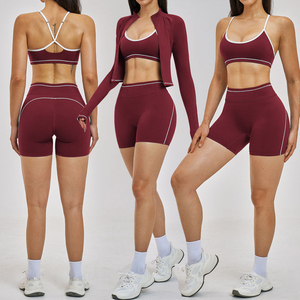 Premium Women's <b>Seamless</b> Yoga Set 3 Piece Nylon Spandex Fitness Leggings Bra Jacket Halter Neck Four-Way Stretch Eco-Friendly - Product Image 6