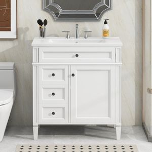 Modern 30\" Bathroom Vanity with Top <b>Sink</b> 2 Drawers and Tip Drawer Single <b>Sink</b> Bathroom <b>Storage</b> Cabinet - Product Image 2