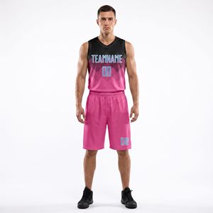 Ensemble de maillots de basket-ball personnalisés pour hommes, rose et noir, col en V, sans manches, sublimés, réversibles, personnalisés pour l'équipe - Product Image 1