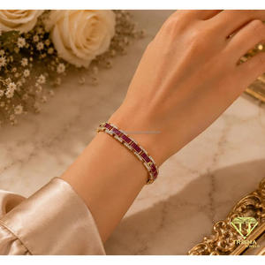 <b>Red</b> Rectangular Stone Tennis Bracelet With Gold <b>Tone</b> Geometric Links And Clear Accent Stones For Wholesale Jewelry Buyers - Product Image 4
