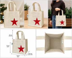 Bolsa de Regalo de Yute Navideña Personalizada, Bolsa de Mano Roja con Estrella de Lurex, 16x16x10.5 cm, Reutilizable, Venta al por Mayor, Fabricante OEM ODM, Exportador de Marca Privada - Product Image 6