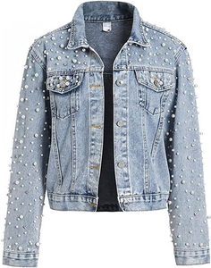 AMSEA New Women's Pearls <b>Cropped</b> Eco-friendly <b>Denim</b> Bomber <b>Jacket</b> for Women Regular Fit Winter - Product Image 6