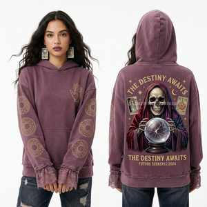 Sweat à capuche surdimensionné personnalisé en molleton violet 400 GSM, motif Crâne de Vérificateur de Destin et impression de Carte de Tarot, épais, pour femme, style streetwear - Product Image 1