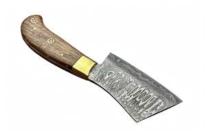 Hachoir à viande artisanal en acier Damas avec manche en bois de noyer et bolster en laiton - Product Image 1