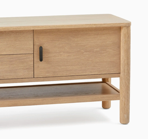 Buffet moderne en teck massif avec porte coulissante et tiroirs centraux, style scandinave minimaliste, rangement en bois - Product Image 4