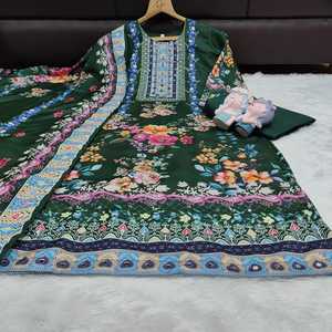 ชุดสูทผ้ามัสลินลายดอกไม้แบบอินเดียดั้งเดิม ชุดสัลวาร์ คามีซทรงปกติทันสมัย ดีไซน์เนอร์อินโดเวสเทิร์น ชุดลำลองสำหรับผู้หญิง แห้งเร็ว - Product Image 4