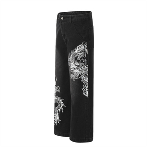 Jean brodé graphique coupe droite ample style vintage délavé streetwear hip-hop skate unisexe Y2K - Product Image 2