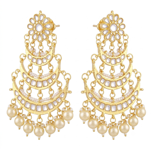 Boucles d'oreilles pendantes indiennes Kundan Jadau plaquées or, imitation perle et cristal, vente en gros, bijoux de mariage pour femmes - Product Image 2