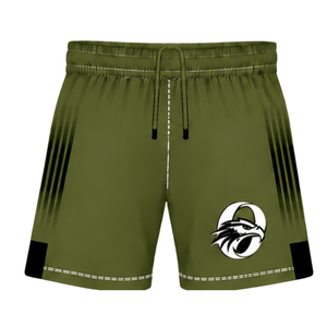 Shorts de rugby personnalisés vert olive et noir, taille élastique, respirants, légers, pour l'entraînement d'équipe, performance sportive, uniforme de sport - Product Image 1