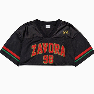 Retro Street Fashion Wear Short Sleeve Oversized Mesh <b>Cropped</b> <b>Top</b> Women American Football Jersey Black <b>Red</b> Graphic Print V-Neck - Product Image 4