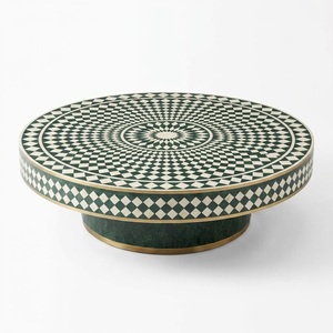 Table basse moderne ronde en os incrusté avec base cylindrique en laiton, motif mosaïque fait main de luxe, table centrale pour salon à prix abordable - Product Image 6