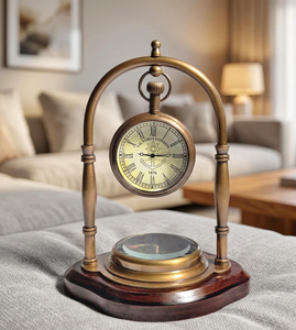 Reloj de Escritorio Clásico Vintage de Latón con Esfera de Números Romanos, Reloj de Mesa Colgante, Base de Madera de Estilo Antiguo, Decoración para el Hogar y la Oficina - Product Image 1
