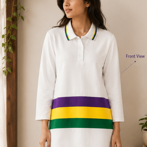 Robe en coton éponge de qualité supérieure pour femmes, style polo, longueur genou, manches 3/4, confortable, décontractée, pour le bureau, Mardi Gras - Product Image 2
