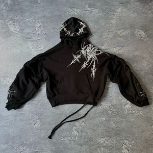 Sudadera con Capucha Unisex de Algodón Tejido, Diseño Gótico con Calaveras Negras Pintadas a Mano, Logotipo Frontal, Talla Grande, Estilo Urbano, Invierno - Product Image 6