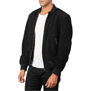 Chaqueta Bomber Elegante de Ante de Piel de Oveja Negra con Forro de Poliéster, Cierre de Cremallera, Cuello Varsity y Puños de Punto Acanalado - Product Image 3