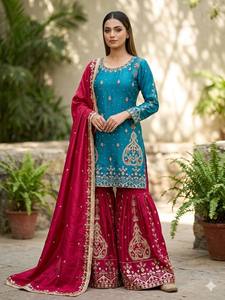 Ensemble de vêtements indiens/pakistanais TENNECY pour mariage, comprenant un haut brodé fantaisie et un dupatta, avec un pantalon palazzo extensible et réversible, idéal pour les occasions spéciales. - Product Image 2