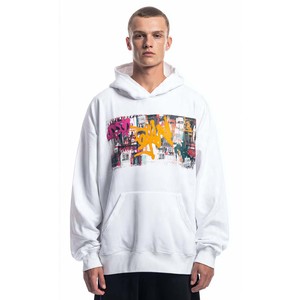 <b>Mens</b> Oversized Hooded <b>Sweatshirt</b> OEM <b>White</b> Topographic Print Cotton French Terry Minimalist Streetwear Autumn Wear Pocket Design - Product Image 3