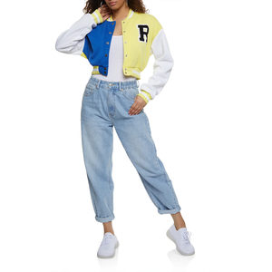 Veste universitaire unisexe à blocs de couleurs avec logo R brodé, col rabattu, fermeture boutonnée, style preppy pour l'automne - Product Image 1