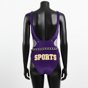 Traje de baño para mujer, 200 GSM, poliéster, spandex, tela elástica, panel de malla morado, diseño de logotipo personalizado. - Product Image 2