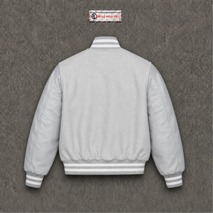 NOUVELLE PROMO Veste universitaire en laine argentée avec manches en cuir assorties, style baseball classique, fermeture à boutons-pression, col, poignets et ourlet côtelés - Product Image 6