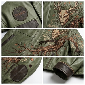 Green Forest Spirit Horned <b>Monster</b> Embroidered Leather Jacket Men Stand Collar Tactical Bomber Coat Pagan Streetwear Outerwear - Product Image 6
