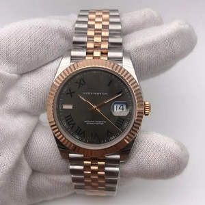 Montre mécanique bicolore or rose et acier, cadran romain gris, lunette cannelée, haute qualité, luxe, vintage, hip-hop, mouvement ETA - Product Image 1