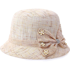 Chapeau Cloche Chic Crème à Carreaux, Style Vintage avec Nœud et Fleur Perlée, Rétro Kentucky Derby, Chapeau d'Église Décontracté - Product Image 1