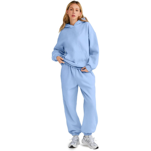 Ensemble de survêtement sans manches à capuche bleu clair pour femme, couleur unie, coupe décontractée, en molleton polyester/coton - Product Image 2