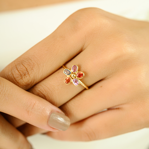 Collection de bagues florales en saphir arc-en-ciel naturel à 100 %, fabriquées à la main pour femmes, or jaune 14 carats, bijoux originaux - Product Image 2