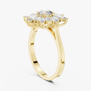 Bague de fiançailles en or jaune 9 carats avec diamant de laboratoire rond de 2 carats, grappe florale et diamants marquise et baguette - Product Image 4